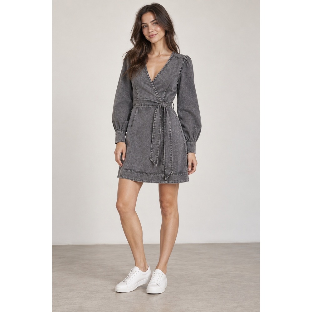 Who What Wear Black Acid Wash Denim Wrap Mini Dress Long Sleeve XS